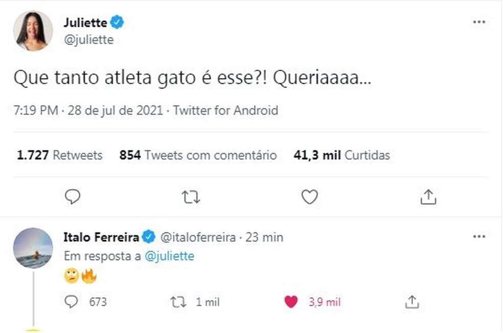 Italo Ferreira responde tuíte de Juliette — Foto: Reprodução