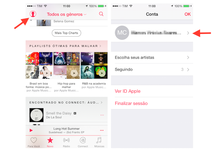 Acessando o perfil de usuário no Apple Music pelo iPhone (Foto: Reprodução/Marvin Costa)