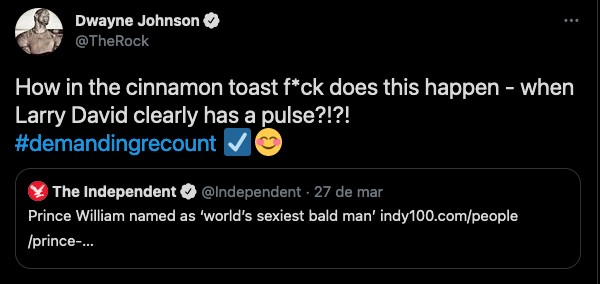 O post do ator Dwayne The Rock Johnson fazendo piada com a vitória do Príncipe William na eleição de careca mais sexy do mundo (Foto: Twitter)