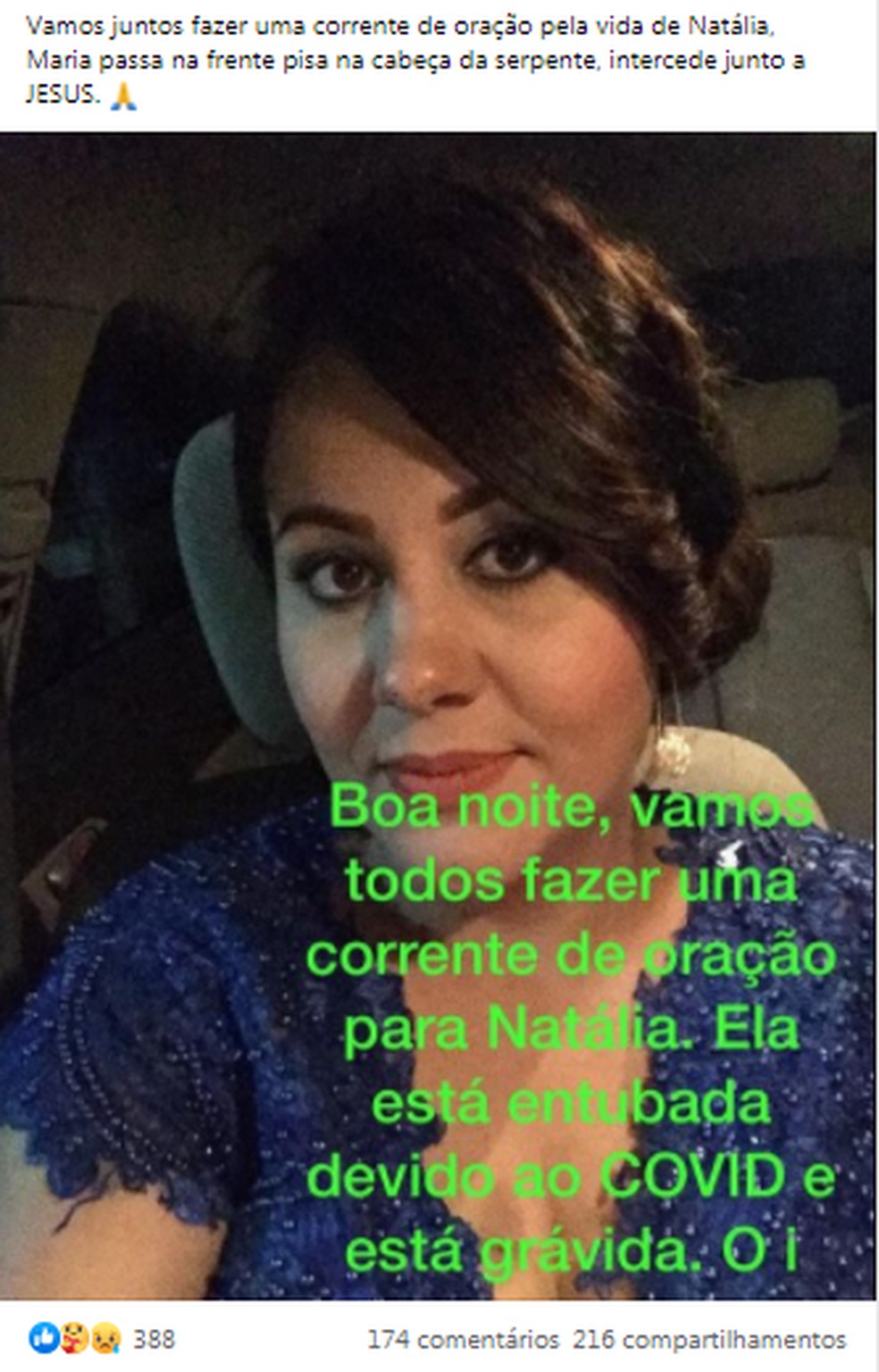 Amigos e familiares se uniram para pedir orações nas redes sociais para Natália, de Bariri — Foto: Facebook/Reprodução