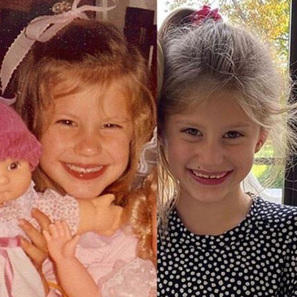 À direita, imagem de Gisele Bündchen na infância; ao lado, a filha, Vivian Lake — Foto: Reprodução/Instagram