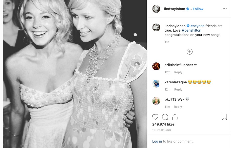 O post carinhoso de Lindsay Lohan direcionado a Paris Hilton em seguida ao ataque público feito pela socialite (Foto: Instagram)