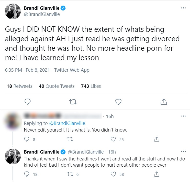 Brandi Glanville pede desculpas após fazer comentário polêmico sobre Armie Hammer (Foto: Reprodução / Twitter)