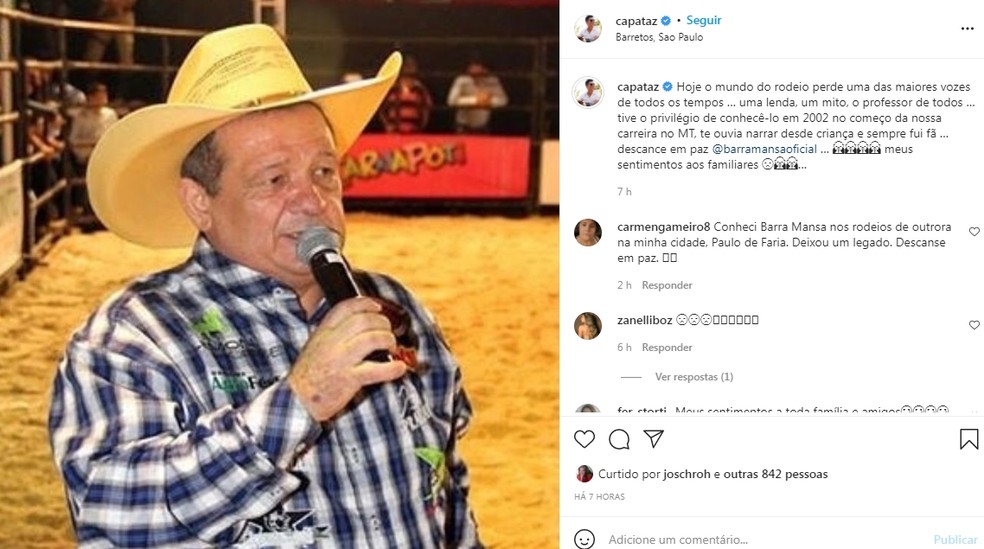 Cantor Capataz usou as redes sociais para lamentar a morte de locutor  — Foto: Reprodução/Instagram 