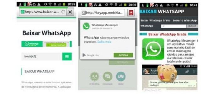 Sites com falso download do WhatsApp que provoca cobranças indevidas (Foto: Reprodução/ Kaspersky Lab)