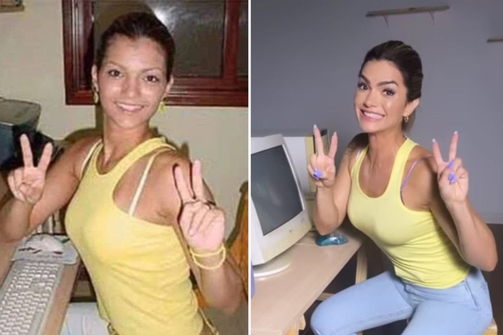 Kelly Key imita, em foto recente, o meme em que ela aparece em computador nos anos 90 — Foto: Reprodução/Instagram da cantora
