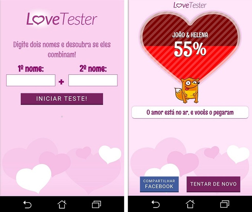 O Testador de amor permite ao usuário compartilhar o resultado da brincadeira no Facebook — Foto: Reprodução/Maria Dias