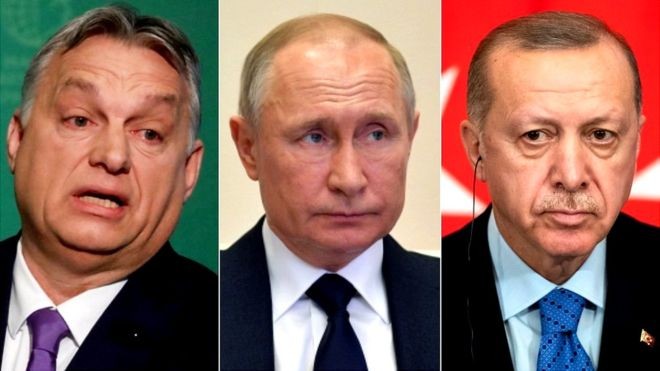 Viktor Orban, primeiro-ministro da Hungria (esq), Vladmir Putin, presidente da Rússia e Recep Tayyip Erdogan, da Turquia; todos são vistos como 'aproveitadores' da crise do coronavírus para aumentar seu poder (Foto: Reuters/EPA, via BBC News Brasil)