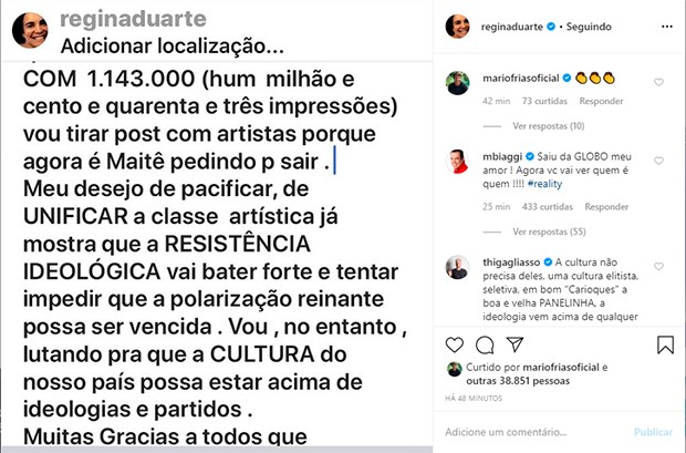 Depois de polêmica, Regina Duarte apaga post com fotos de atores