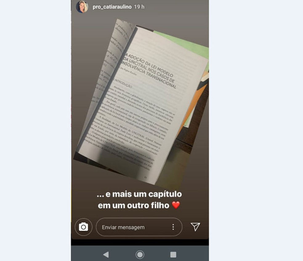 C&aacute;tia mostrou artigo de Lorena em outro livro onde s&oacute; aparece o nome dela e o t&iacute;tulo &eacute; o mesmo do artigo da ex-aluna &mdash; Foto: Redes Sociais