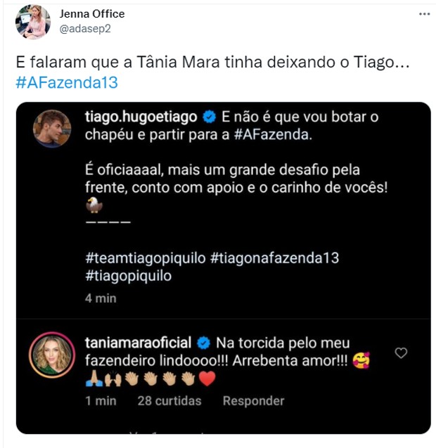 Fãs reagem à volta de Tiago e Tânia Mara (Foto: Reprodução Twitter)