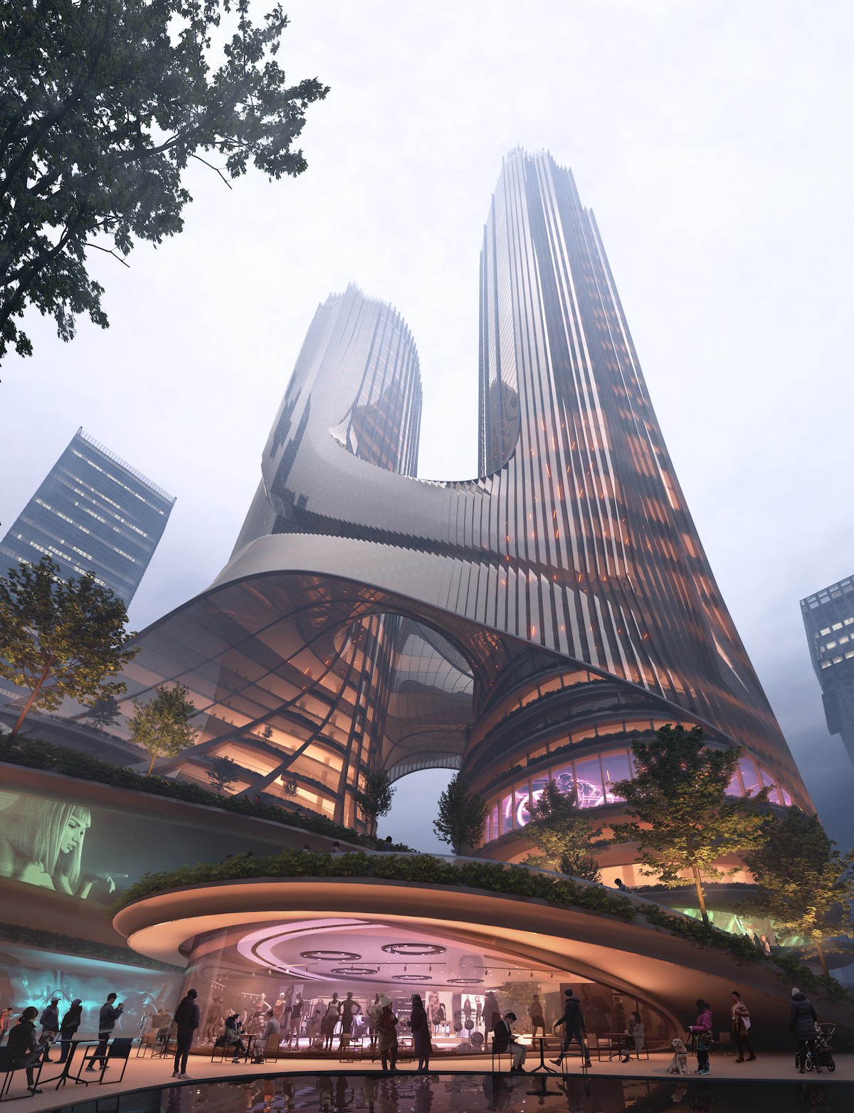 Zaha Hadid Architects projeta par de arranha-céus futuristas unidos por um terraço verde na China (Foto: Zaha Hadid Architects)