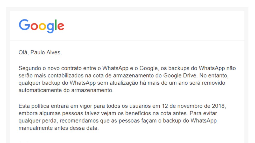 Mensagem do Google informa sobre novo backup ilimitado para WhatsApp (Foto: ReproduÃ§Ã£o/Paulo Alves)