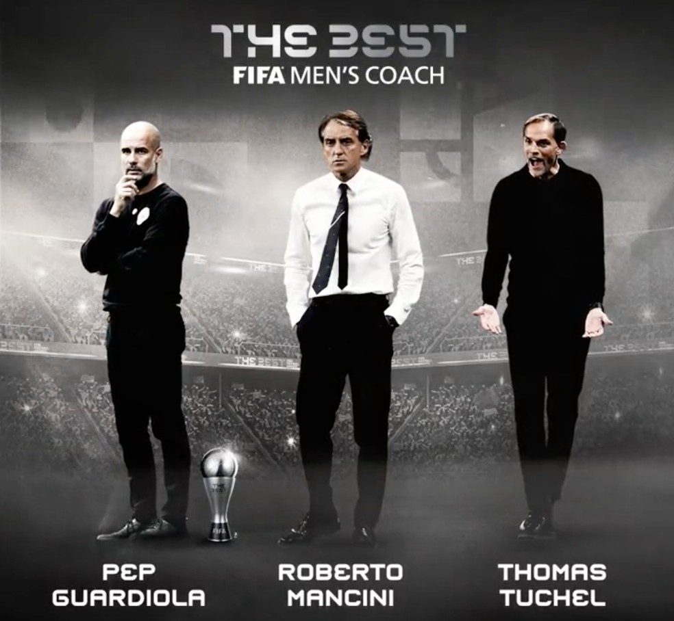 Pep Guardiola, Roberto Mancini e Thomas Tuchel disputam o troféu de melhor técnico — Foto: Reprodução / Twitter