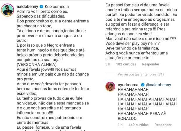 Naldo Benny comenta post de Yuri Marçal, que responde com piada (Foto: Reprodução/Instagram)