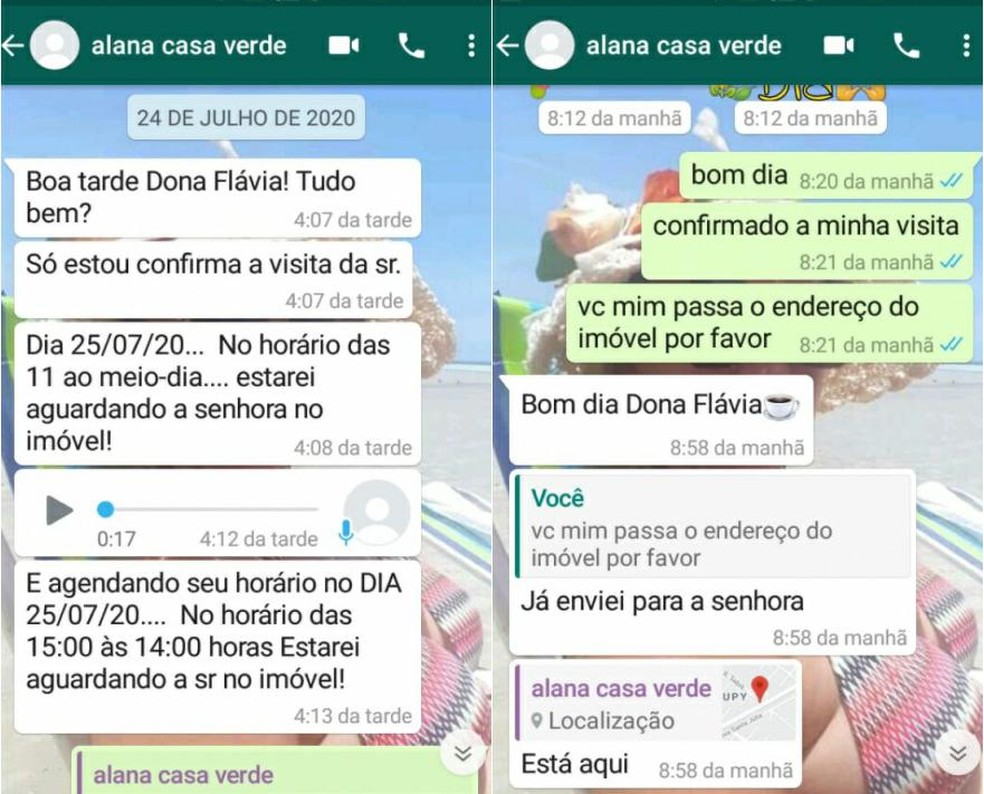 Corretora, que se identificou apenas como "Alana", insistia para que vítima visitasse a residência à venda em Itanhaém, SP — Foto: G1 Santos