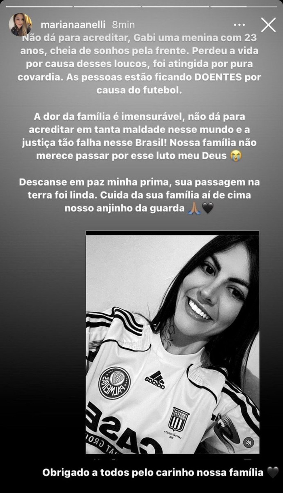 Mensagem publicada por Mariana Anelli, prima da palmeirense Gabriela Anelli — Foto: Reprodução/Instagram