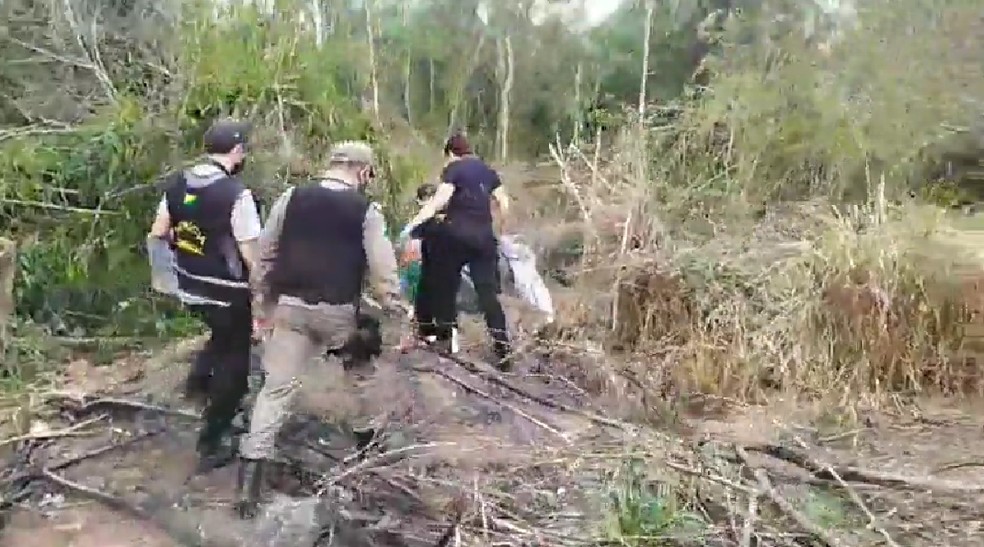 Peritos e policias foram até o local onde foi achado ossada em uma chácara  — Foto: Reprodução/Ithamar Souza