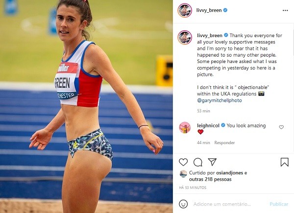 O post da atleta britânica Olivia Breen agradecendo as mensagens de solidariedade recebidas por ela após expor as críticas ouvidas por seu uniforme (Foto: Instagram)