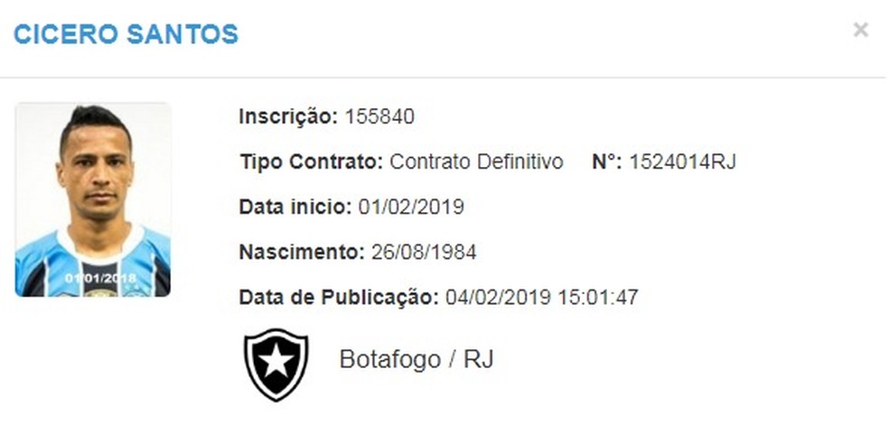 Contrato de CÃ­cero com o Botafogo foi registrado no BID da CBF â Foto: ReproduÃ§Ã£o