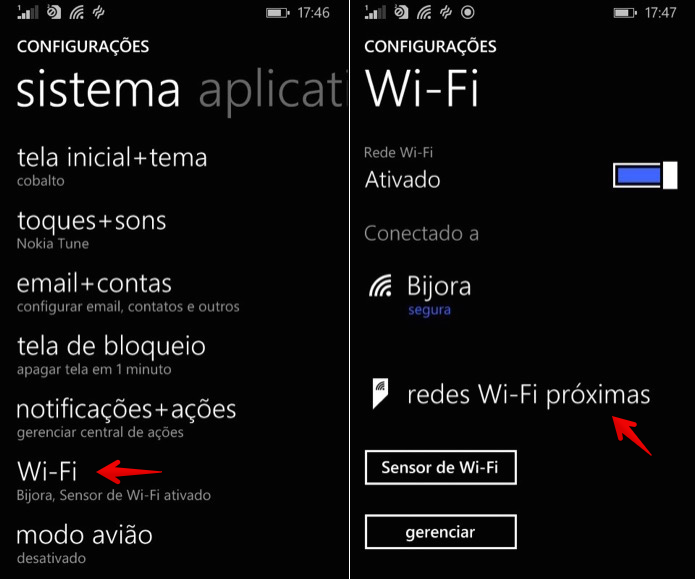 Acesse as configurações de Wi-Fi do Windows Phone (Foto: Reprodução/Helito Bijora) 