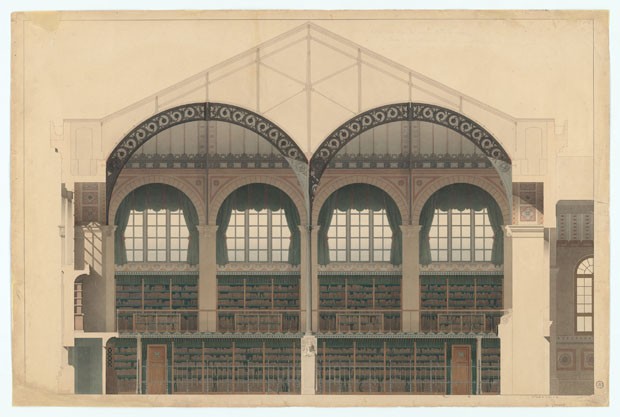 Bibliothèque Sainte-Geneviève, corte transversal da sala de leitura, 1850 (Foto: © Bibliothèque Sainte-Geneviève, Paris)