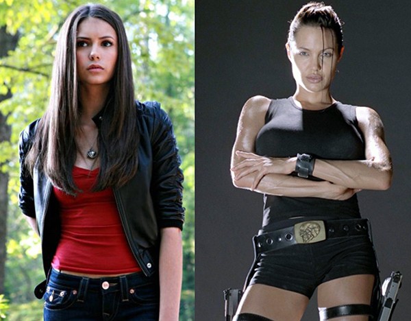 Nina Dobrev em 'The Vampire Diaries' e Angelina Jolie no filme 'Lara Croft: Tomb Raider' (2001) (Foto: Divulgação)