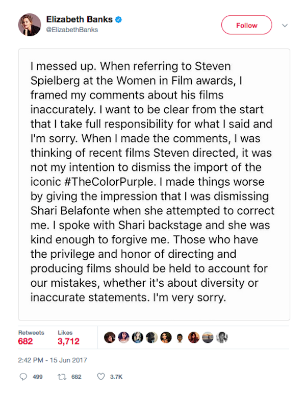 O pedido de desculpas da atriz Elizabeth Banks (Foto: Twitter)