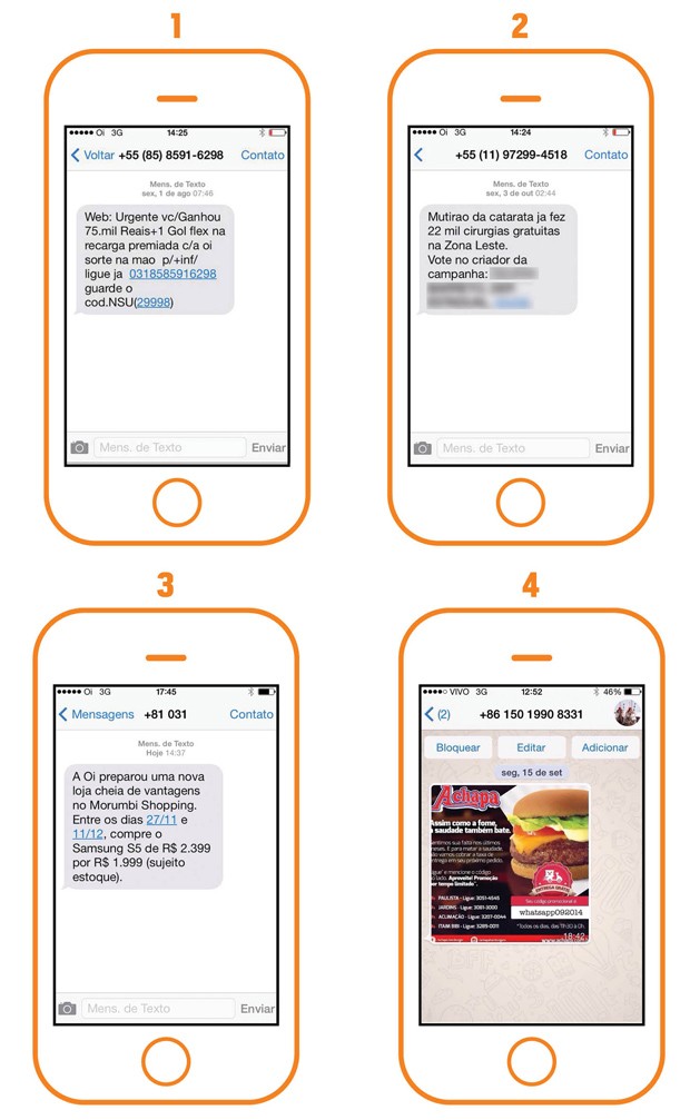 1) SMS em massa  usado para dar golpes; 2) Nas eleições, SMS virou arma de campanha; 3) Exemplo de mensagem “normal”, vinda de um short-code; 4) O WhatsApp usado  para marketing (Foto: Reprodução)