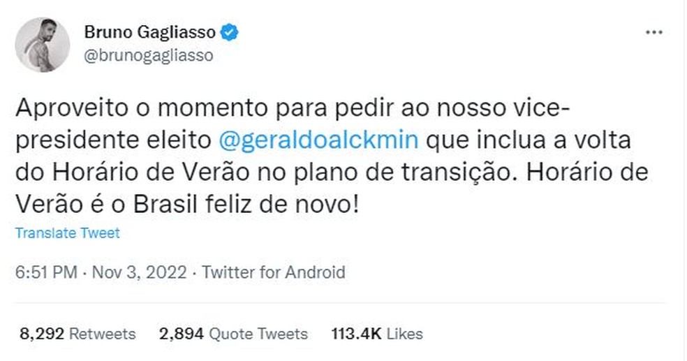 Em postagem no Twitter, Bruno Gagliasso pediu ao vice-presidente eleito Geraldo Alckmin que incluísse em suas pautas o retorno do horário de verão  — Foto: Reprodução: Twitter 