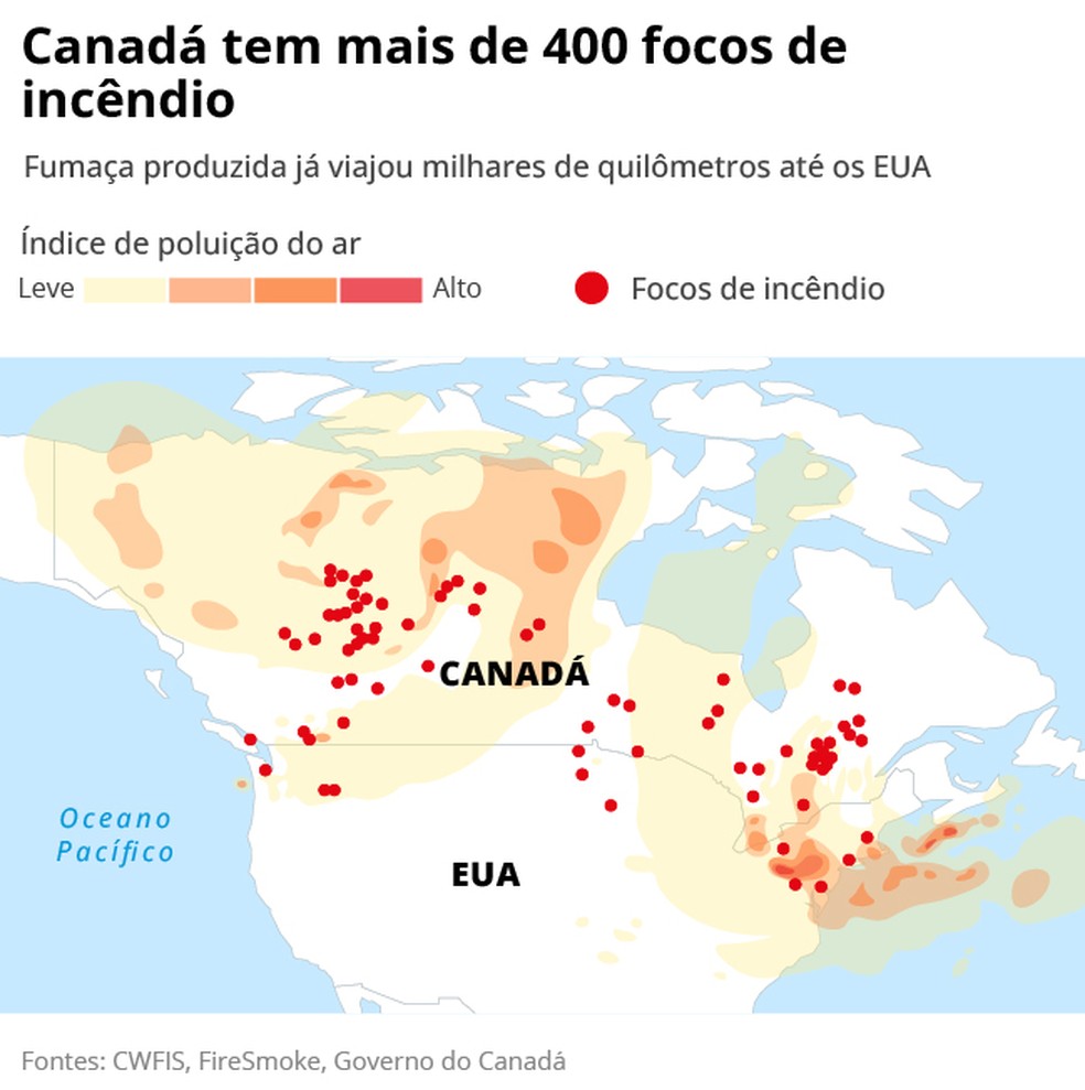 Fumaça formada por queimadas no leste do Canadá cobrem metade do território americano — Foto: Editoria de Arte