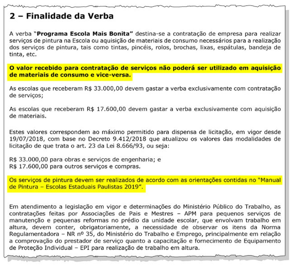 Trechos do "Manual de Instrução" para pintura de 2,1 mil escolas, divulgado pela Secretaria de Educação do governo de SP divulgado em julho de 2019 — Foto: Reprodução