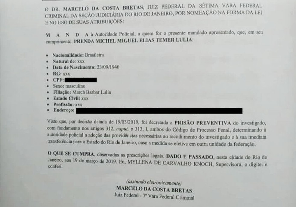Mandado de prisÃ£o contra Michel Temer foi assinado pelo juiz Marcelo Bretas na terÃ§a-feira (19) â€” Foto: ReproduÃ§Ã£o/GloboNews