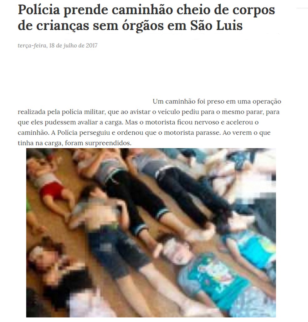 Notícia falsa sobre crianças mortas no Maranhão (Foto: Reprodução)