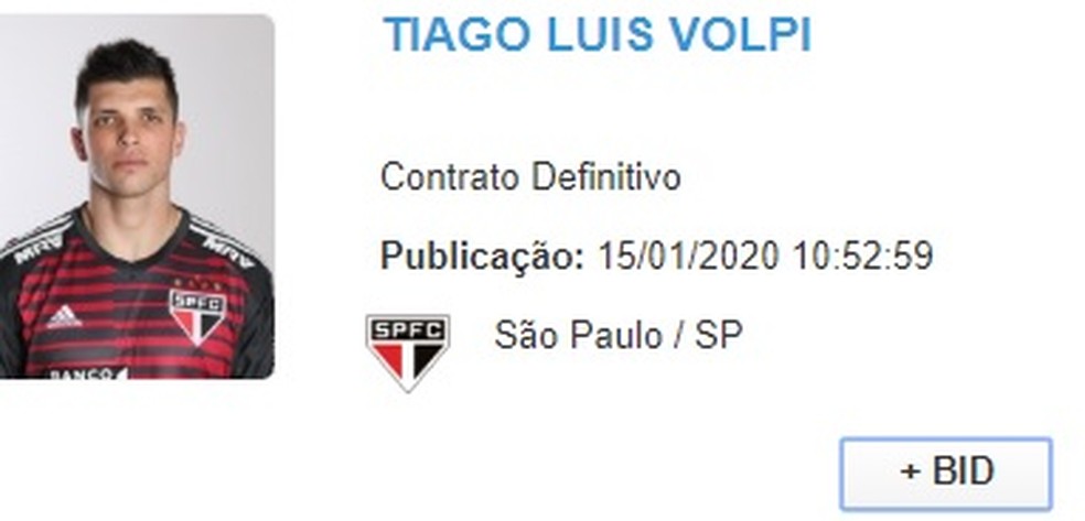 Tiago Volpi tem novo contrato com o São Paulo registrado no BID da CBF — Foto: Reprodução