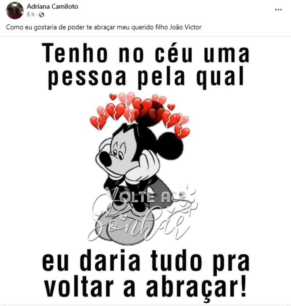 Mãe de João Victor faz homenagem ao filho nas redes sociais — Foto: Reprodução/Facebook