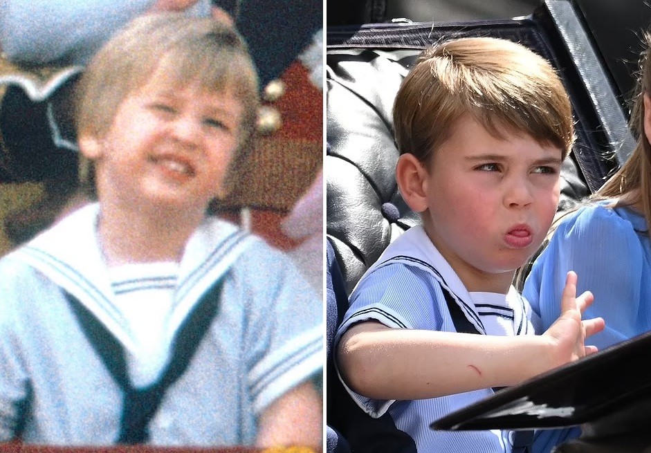À esq., o príncipe William, usando a roupa de marinheiro em 1985; à dir., o filho dele, Louis, em 2022 (Foto: Reprodução/ Instagram)