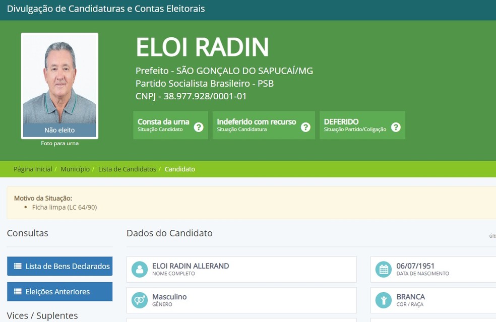 Eloi Radin teve o registro de candidatura indeferido pelo TRE-MG e TSE vai definir situação em 2021 — Foto: Reprodução/DivulgaCand