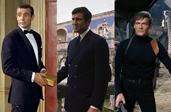 Sean Connery em O Satânico Dr. No (1962),  George Lazenby em 007 - A Serviço Secreto de Sua Majestade (1969), Roger Moore em Com 007 Viva e Deixe Morrer (1973) (Foto: Divulgação)