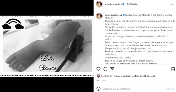 Mariana Santos lamenta morte da afilhada recém-nascida (Foto: Reprodução/Instagram)