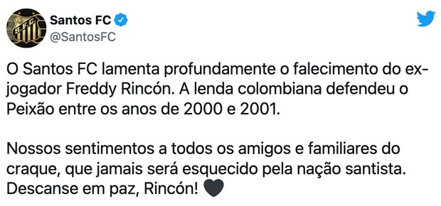 Homenagem prestada pelo Santos ao ex-jogador Freddy Rincón  (Foto: Reprodução / Twitter)