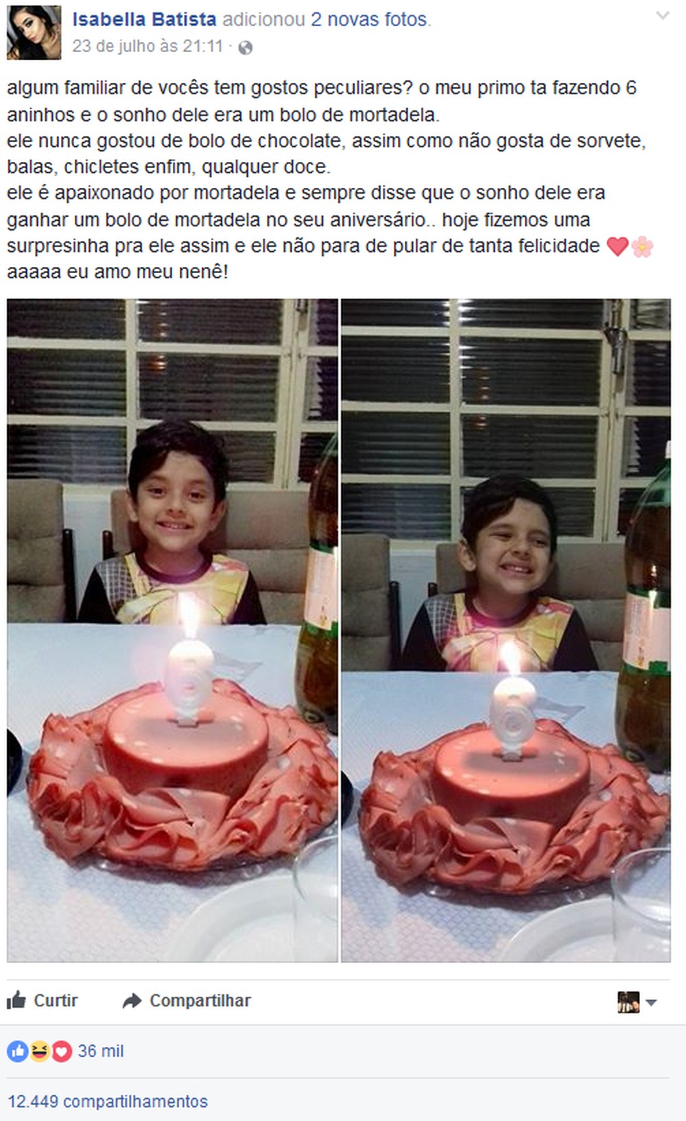 print da postagem de Isabella, prima de Isaac, com fotos do menino e seu bolo de mortadela