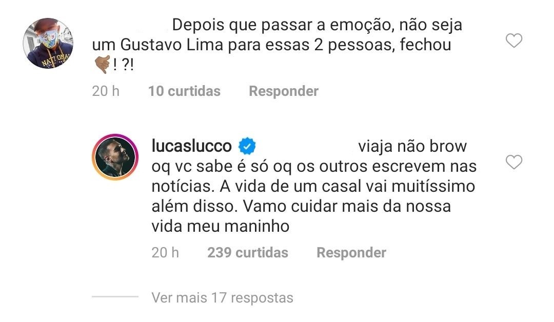 Lucas Lucco rebate fã que o aconselhou a não ser um Gusttavo Lima (Foto: Reprodução/Instagram)