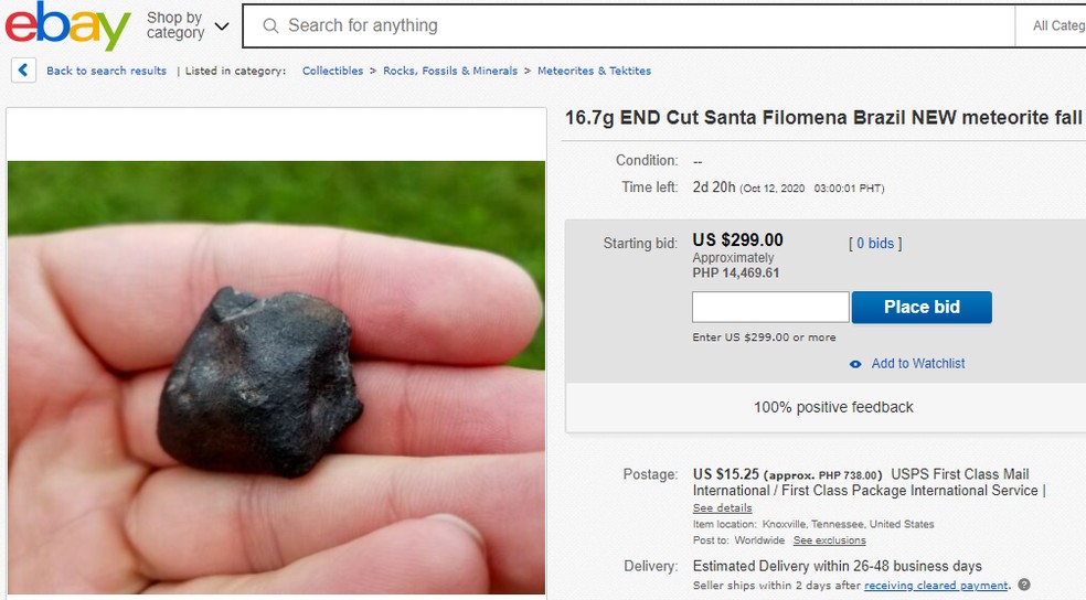 Meteorito que caiu em Santa Filomena (PE) vendido por porto-riquenho na internet  Foto: Reproduo
