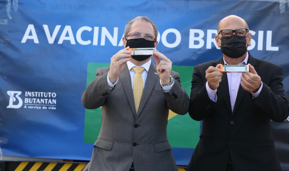 Secretario da Saúde e diretor do Instituto Butantan receberam o lote no aeroporto de Viracops — Foto: Divulgação/Governo de SP