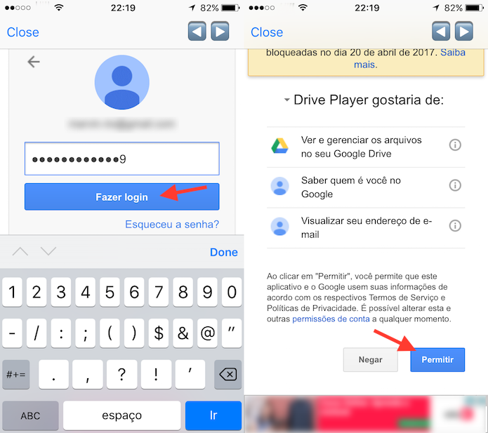 Opção para permitir acesso do Red Music aos documentos na nuvem do Google Drive (Foto: Reprodução/Marvin Costa)