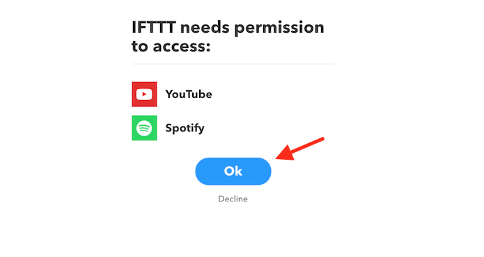 Opção para permitir o acesso do serviço IFTTT ao YouTube e Spotify (Foto: Reprodução/Marvin Costa)