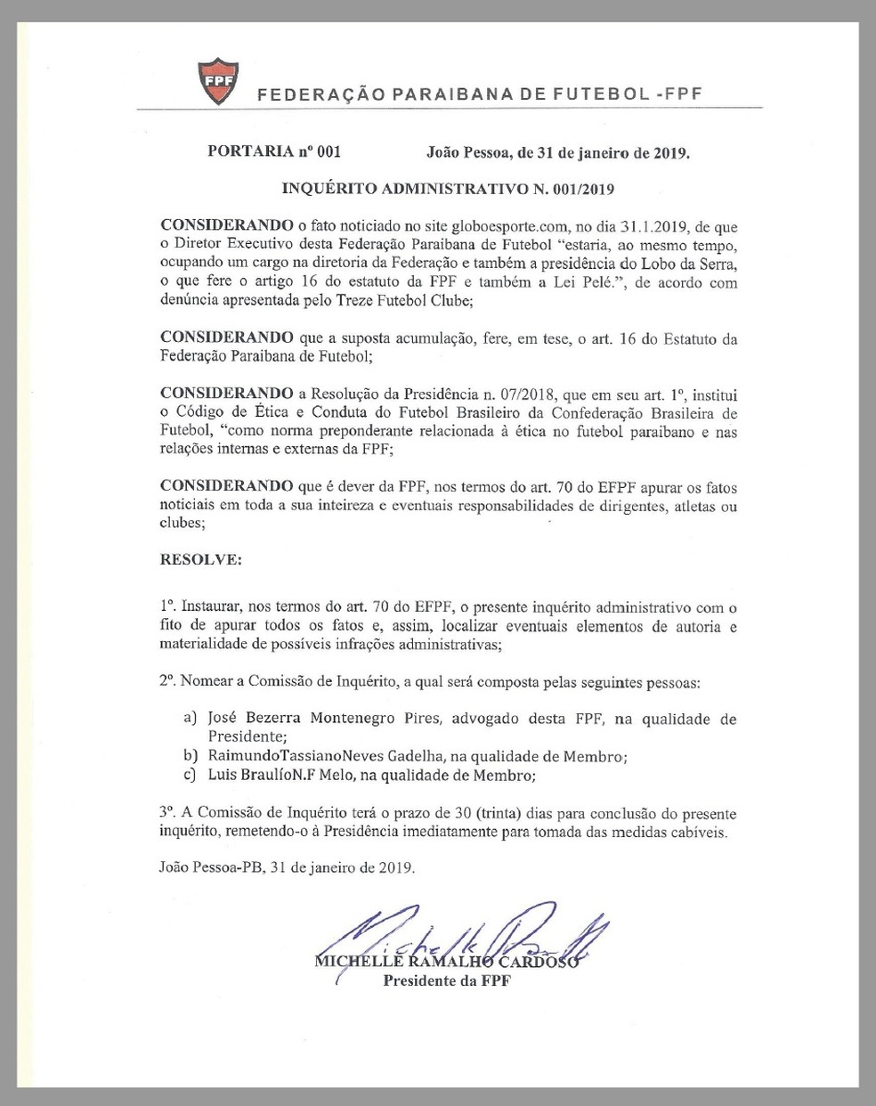 Documento assinado pela presidenta Michelle Ramalho, abrindo inqu�rito para averiguar a situa��o de Otamar Almeida junto � FPF � Foto: Divulga��o / FPF
