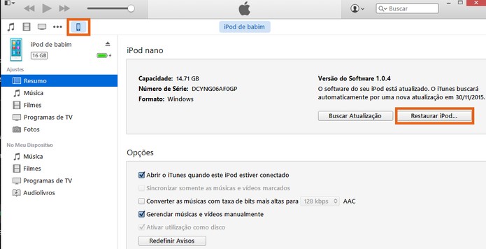 Função no iTunes para restaurar o iPod (Foto: Reprodução/Barbara Mannara)