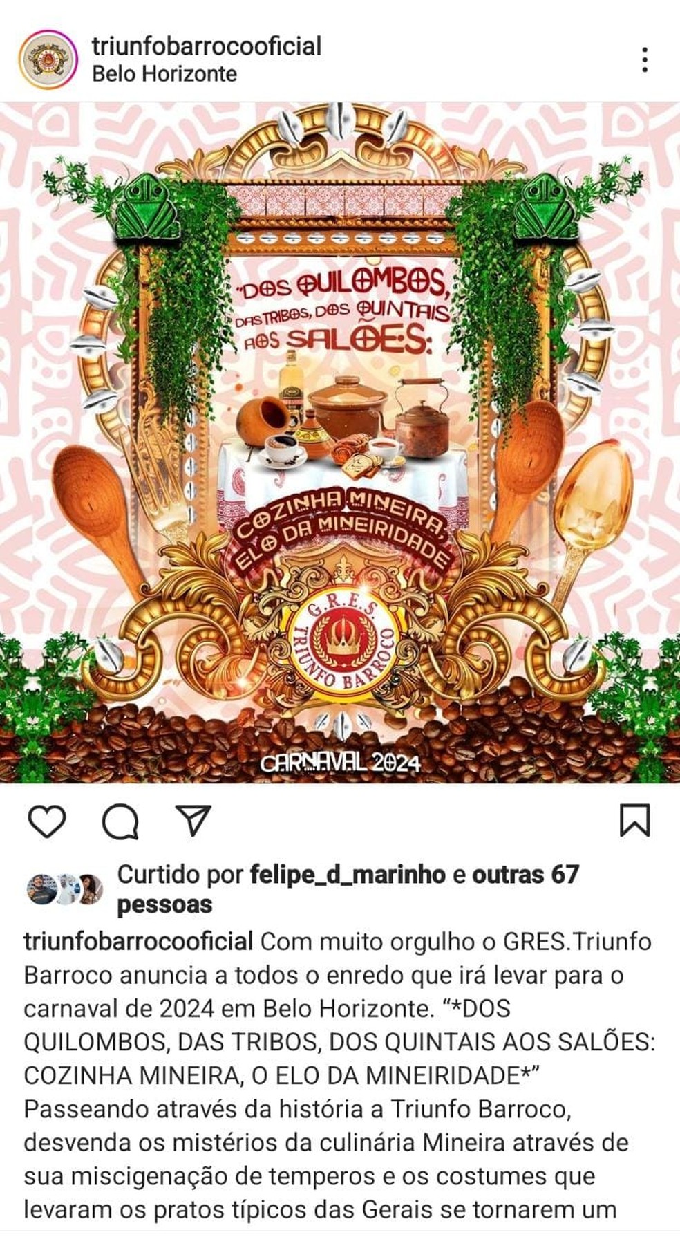 Nas redes sociais, a escola de samba fez o anunciou da escolha do enredo para o desfile em 2024 — Foto: Redes sociais